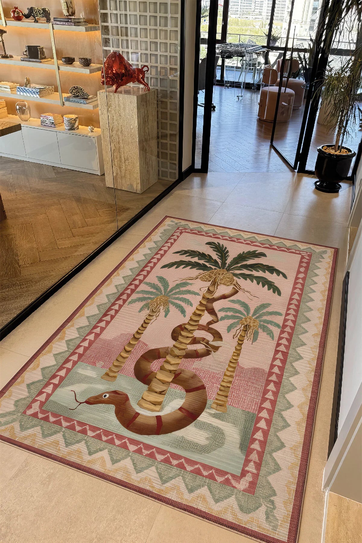 Palm 302 Bej Pembe Halı Renkli Palmiye Desenli Makinada Yıkanabilir Modern Salon Oturma Odası Halısı