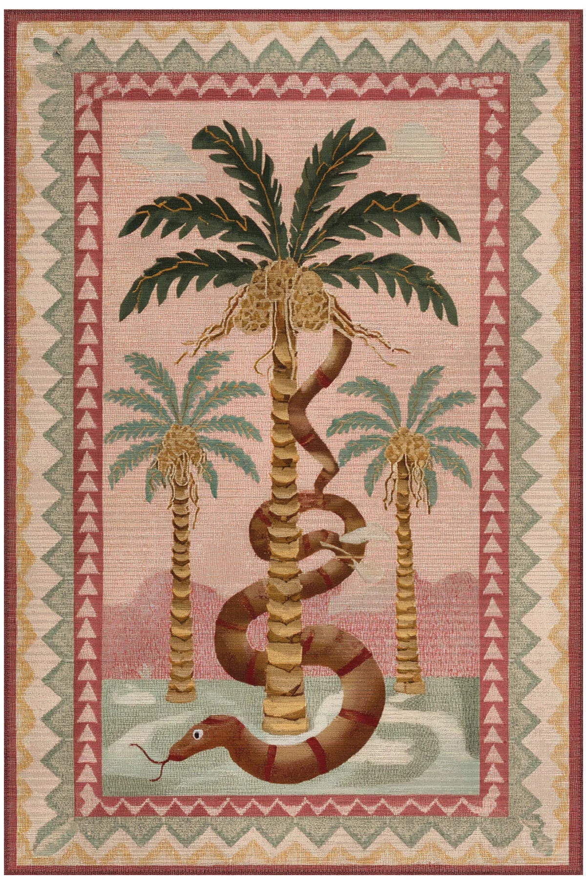 Palm 302 Bej Pembe Halı Renkli Palmiye Desenli Makinada Yıkanabilir Modern Salon Oturma Odası Halısı