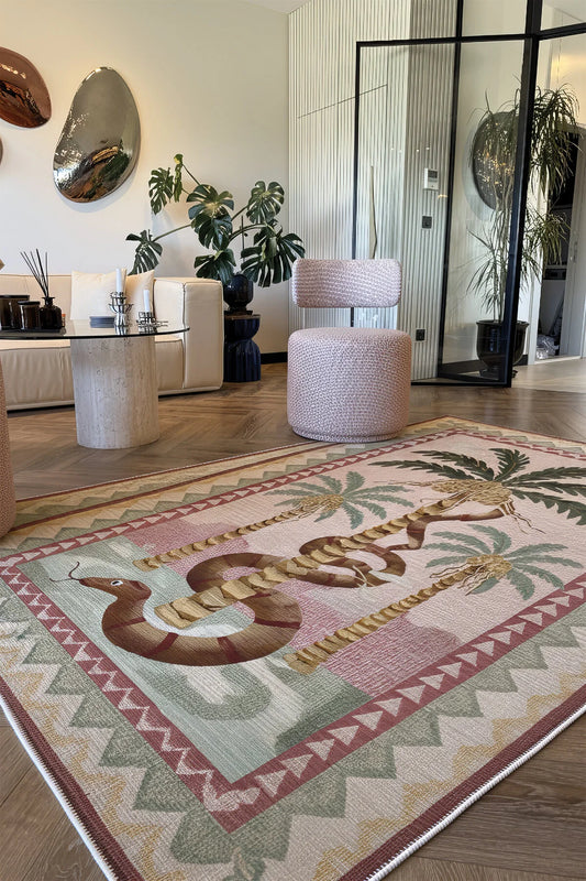 Palm 302 Bej Pembe Halı Renkli Palmiye Desenli Makinada Yıkanabilir Modern Salon Oturma Odası Halısı