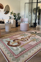 Palm 302 Bej Pembe Halı Renkli Palmiye Desenli Makinada Yıkanabilir Modern Salon Oturma Odası Halısı