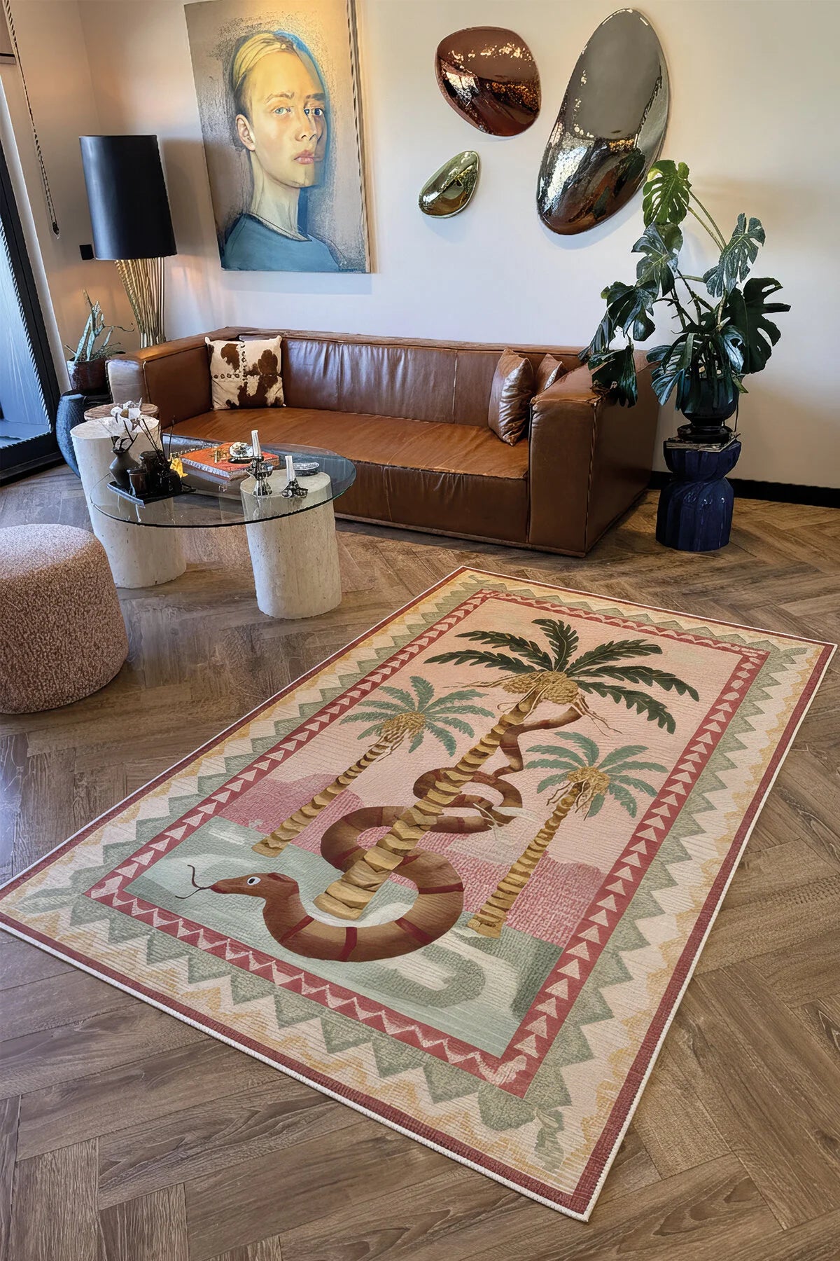 Palm 302 Bej Pembe Halı Renkli Palmiye Desenli Makinada Yıkanabilir Modern Salon Oturma Odası Halısı