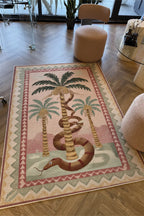 Palm 302 Bej Pembe Halı Renkli Palmiye Desenli Makinada Yıkanabilir Modern Salon Oturma Odası Halısı