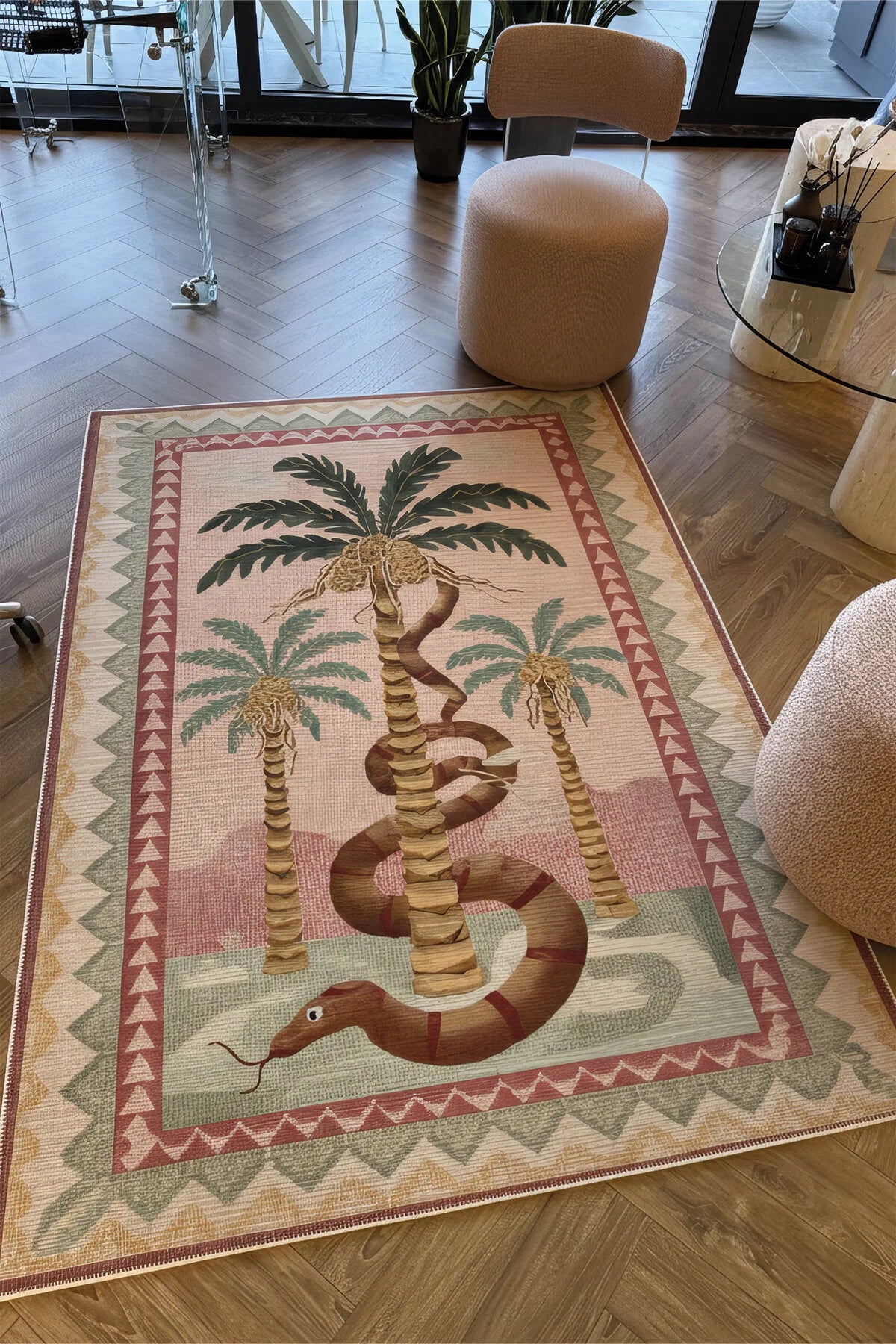 Palm 302 Bej Pembe Halı Renkli Palmiye Desenli Makinada Yıkanabilir Modern Salon Oturma Odası Halısı