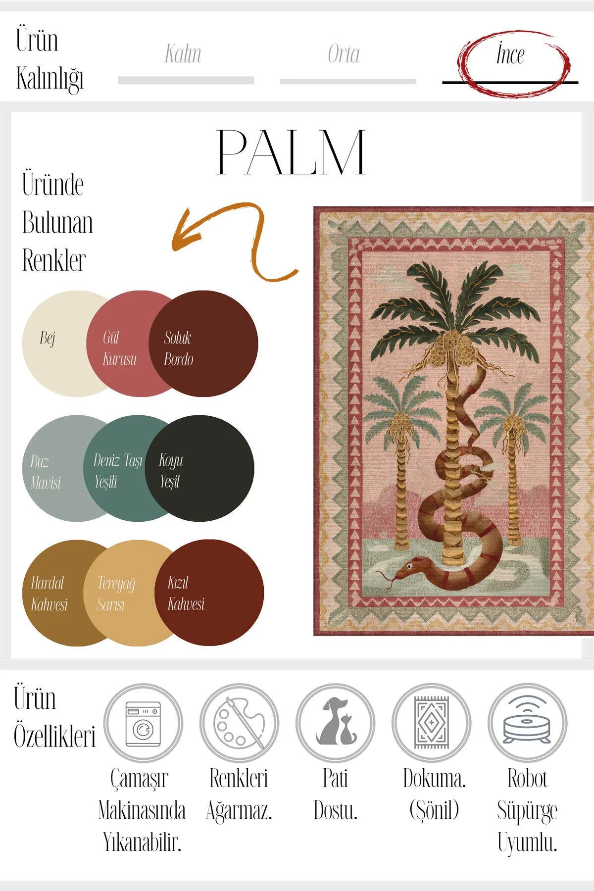 Palm 302 Bej Pembe Halı Renkli Palmiye Desenli Makinada Yıkanabilir Modern Salon Oturma Odası Halısı