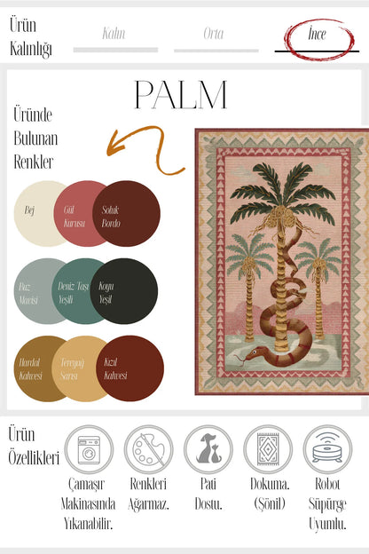 Palm 302 Bej Pembe Halı Renkli Palmiye Desenli Makinada Yıkanabilir Modern Salon Oturma Odası Halısı