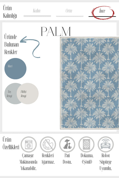 Palm 400 Mavi Beyaz Palmiye Tasarım Halı Yıkanabilir Halı Mutfak Ev Oda Salon Oturma Odası Halısı