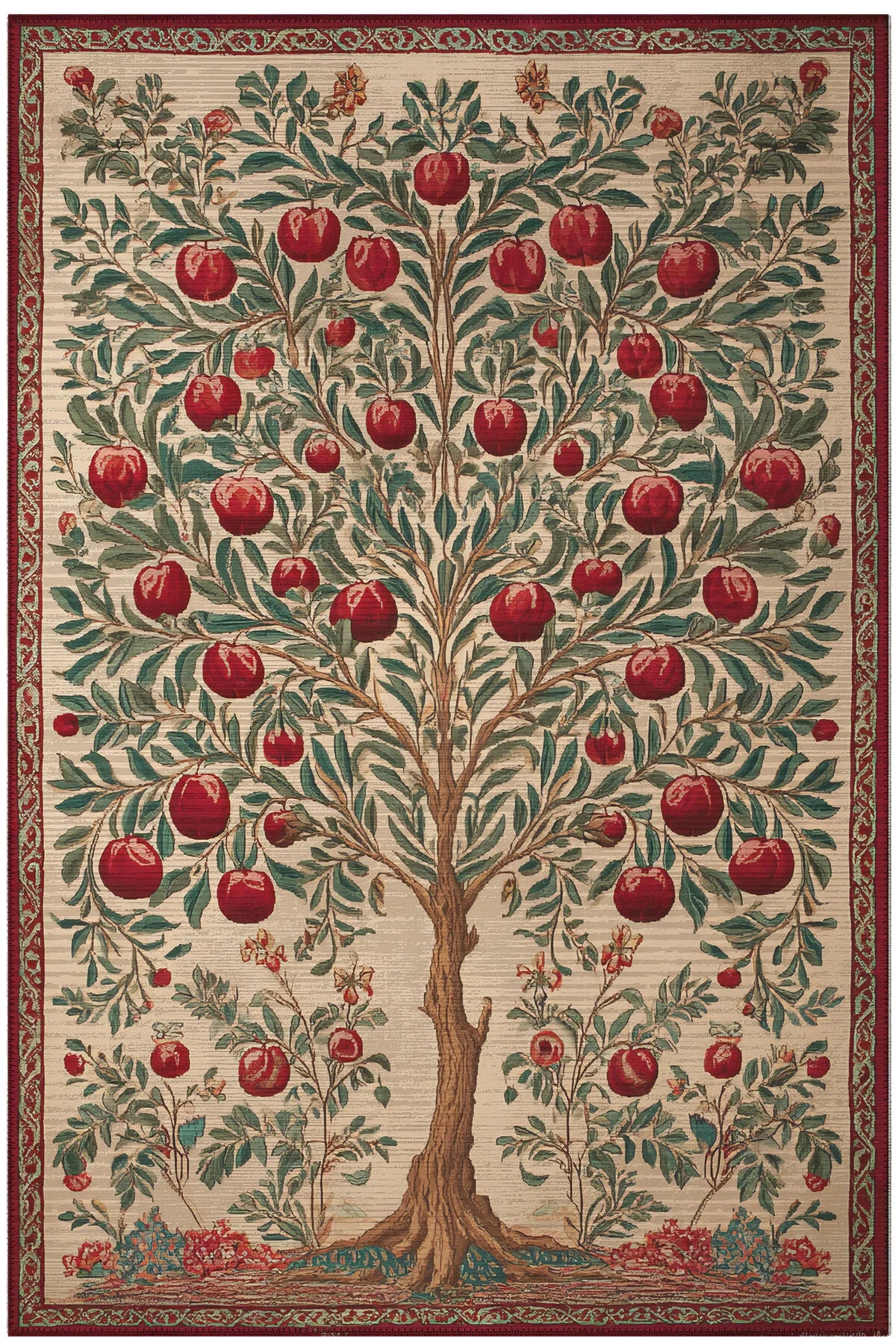 Pera 219 Bej Kırmızı Nar Ağacı Tasarım Halı İnce Kilim Halı Hol Yolluk Ev Oda Salon Halısı