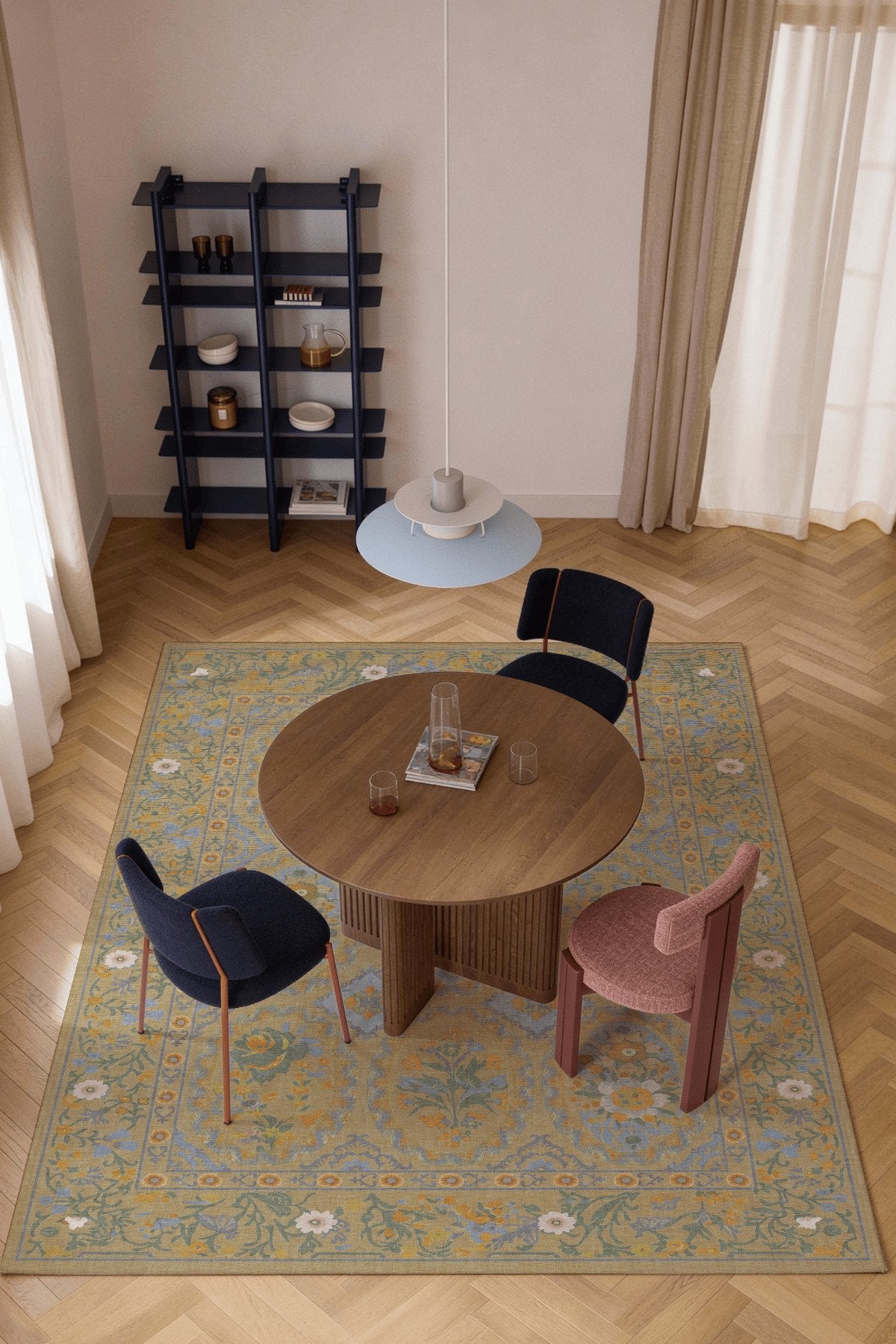 Floris 233 Sarı Turuncu Yeşil Çiçekli Bordürlü Eskitme Desenli Dokuma Şönil Bohem Vintage Oda Halısı