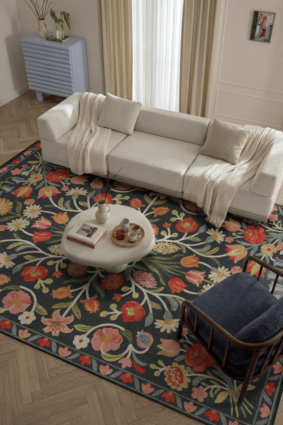 Selené 201 Antrasit Gri Renkli Çiçekli Tasarım Şönil Dokuma Dijital Baskı İnce Antre Ev Oda Halısı