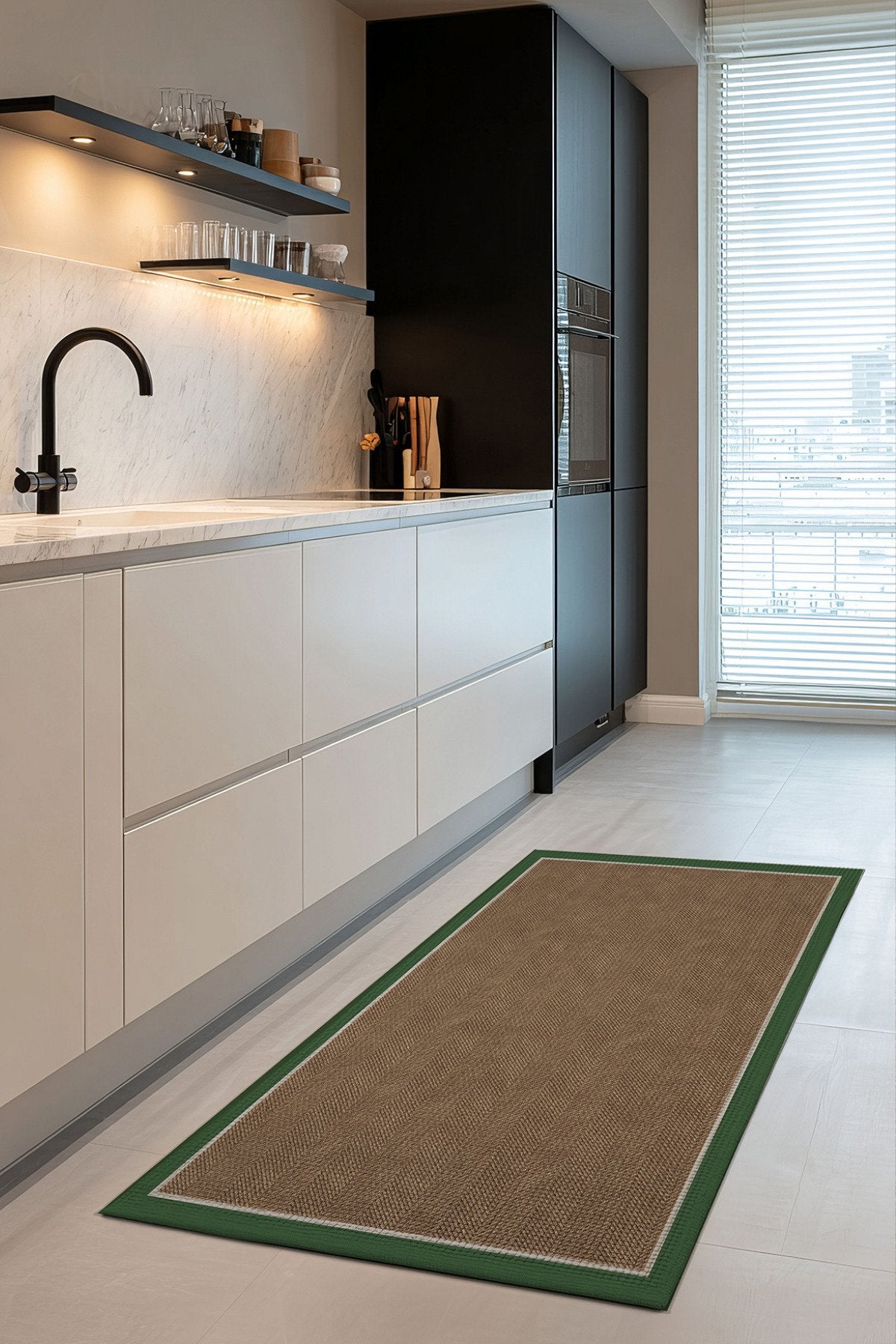 Dotto 201 Yeşil Krem Bordür Kahverengi Dijital Baskı Hasır Görünüm Kaydırmaz Taban Yıkanabilir Halı