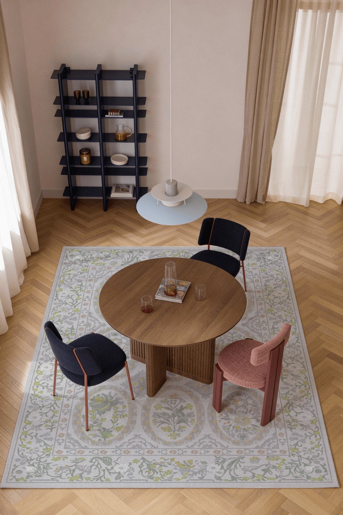 Floris 236 Gri Yeşil Çiçekli Bordürlü Eskitme Desenli Dokuma Şönil Bohem Vintage Oda Halısı