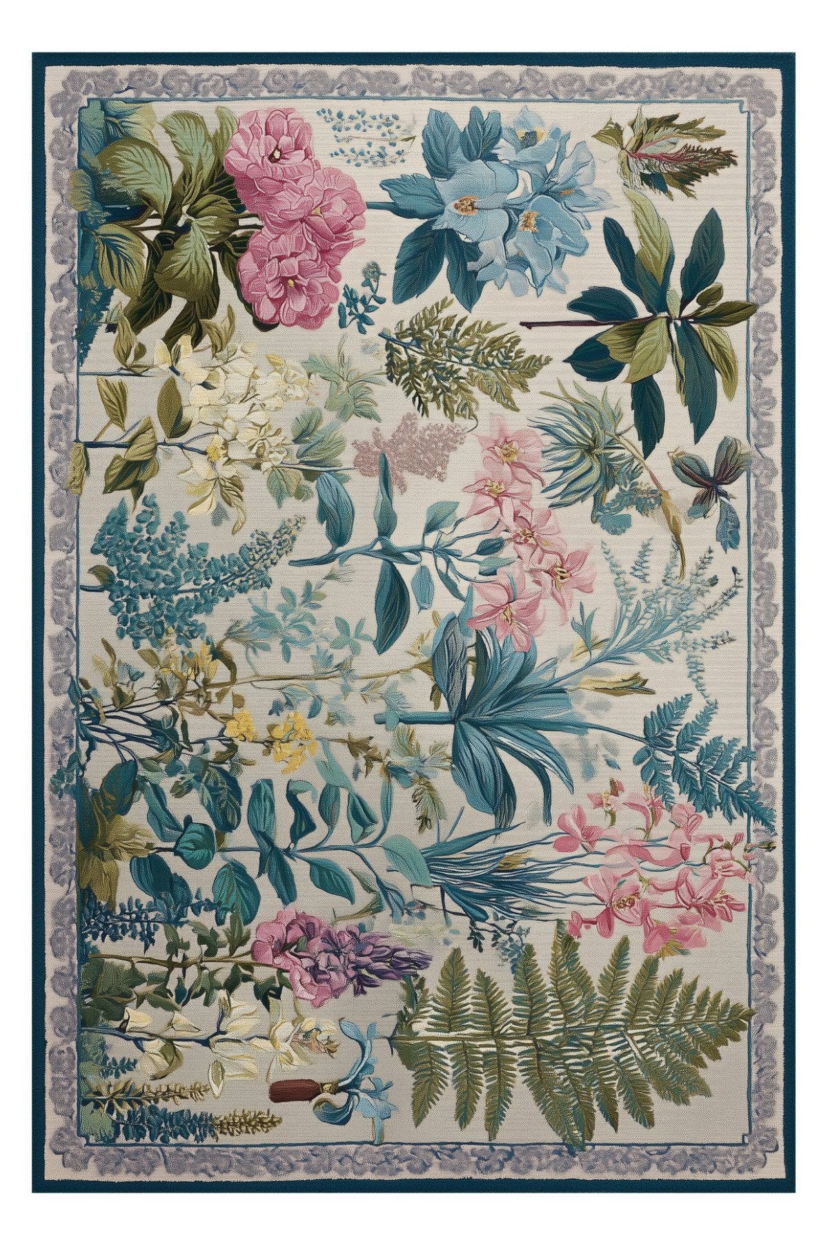 Garden 820 Çiçekli Bordürlü Bej Renkli Floral Halı Yıkanabilir Salon Mutfak Oturma Odası Halısı