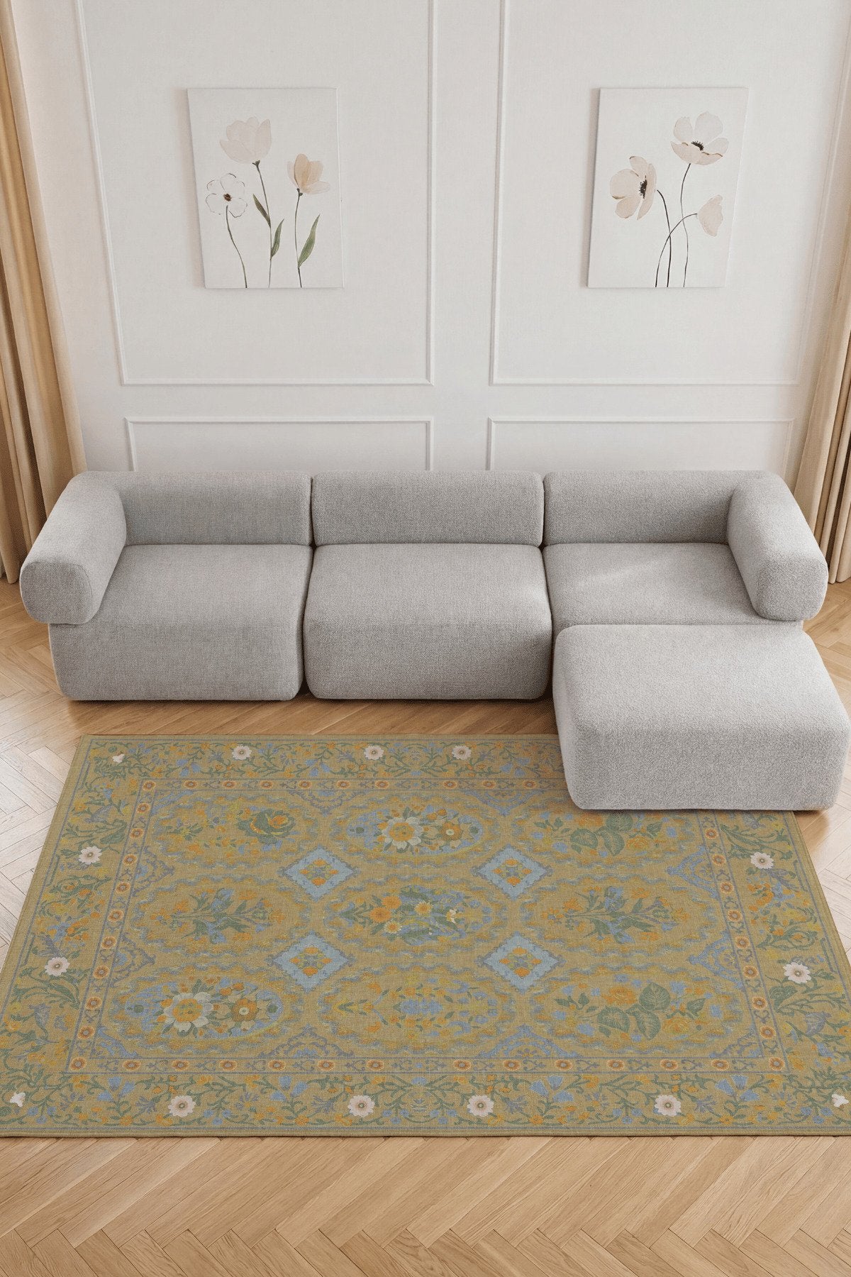 Floris 233 Sarı Turuncu Yeşil Çiçekli Bordürlü Eskitme Desenli Dokuma Şönil Bohem Vintage Oda Halısı