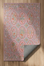 Floris 231 Pembe Yeşil Çiçekli Bordürlü Eskitme Desenli Dokuma Şönil Bohem Vintage Oda Halısı