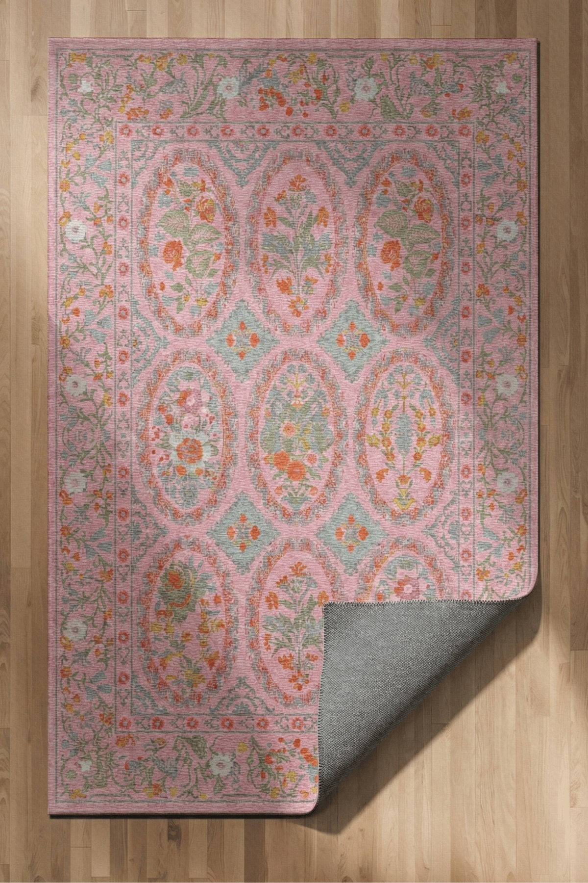 Floris 231 Pembe Yeşil Çiçekli Bordürlü Eskitme Desenli Dokuma Şönil Bohem Vintage Oda Halısı