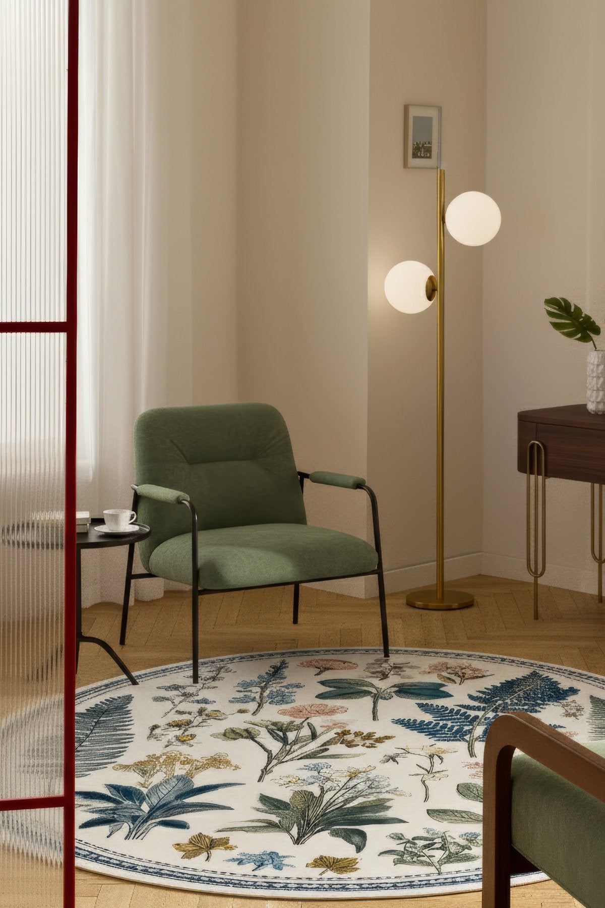 Como 04 Botanik Desenli Yuvarlak Renkli İnce Dokuma Taban Yıkanabilir Mutfak Antre Halısı