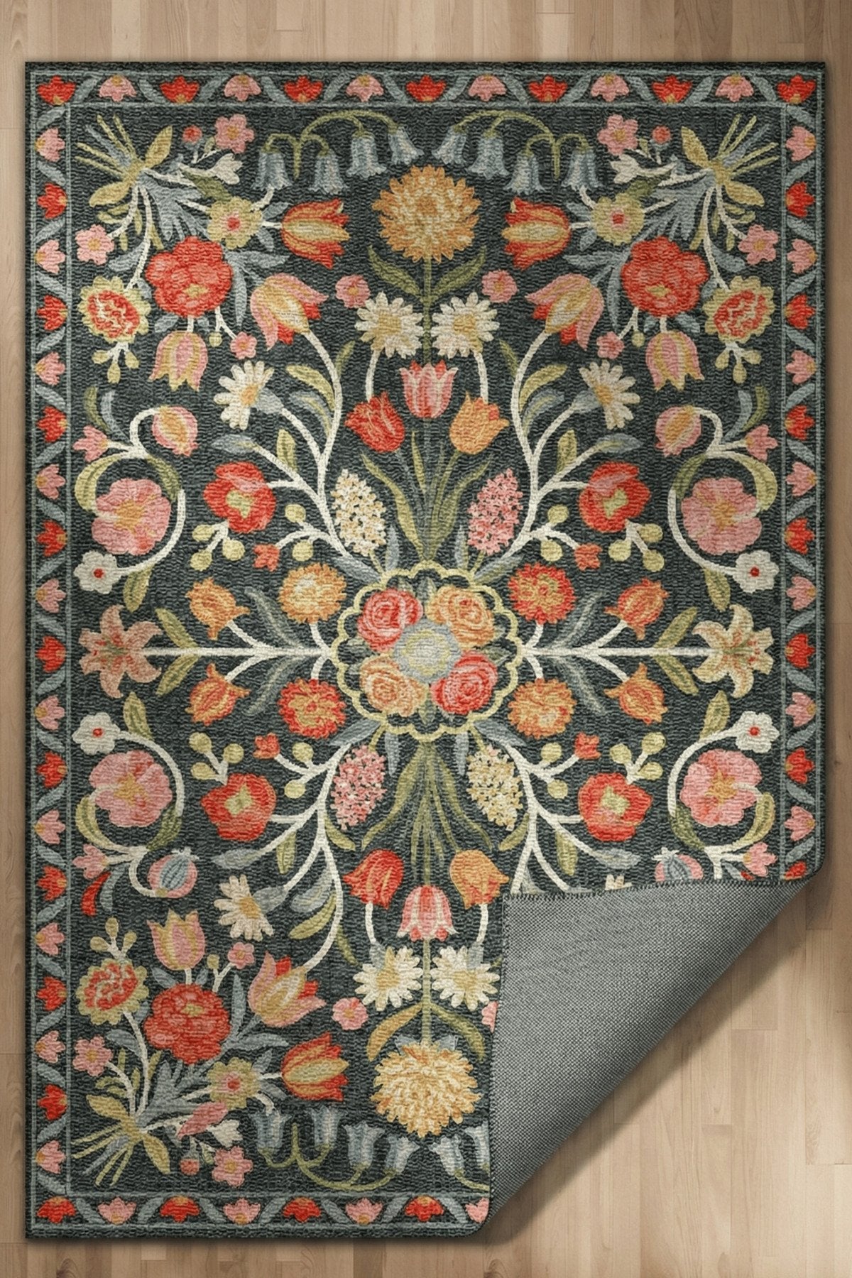 Selené 201 Antrasit Gri Renkli Çiçekli Tasarım Şönil Dokuma Dijital Baskı İnce Antre Ev Oda Halısı