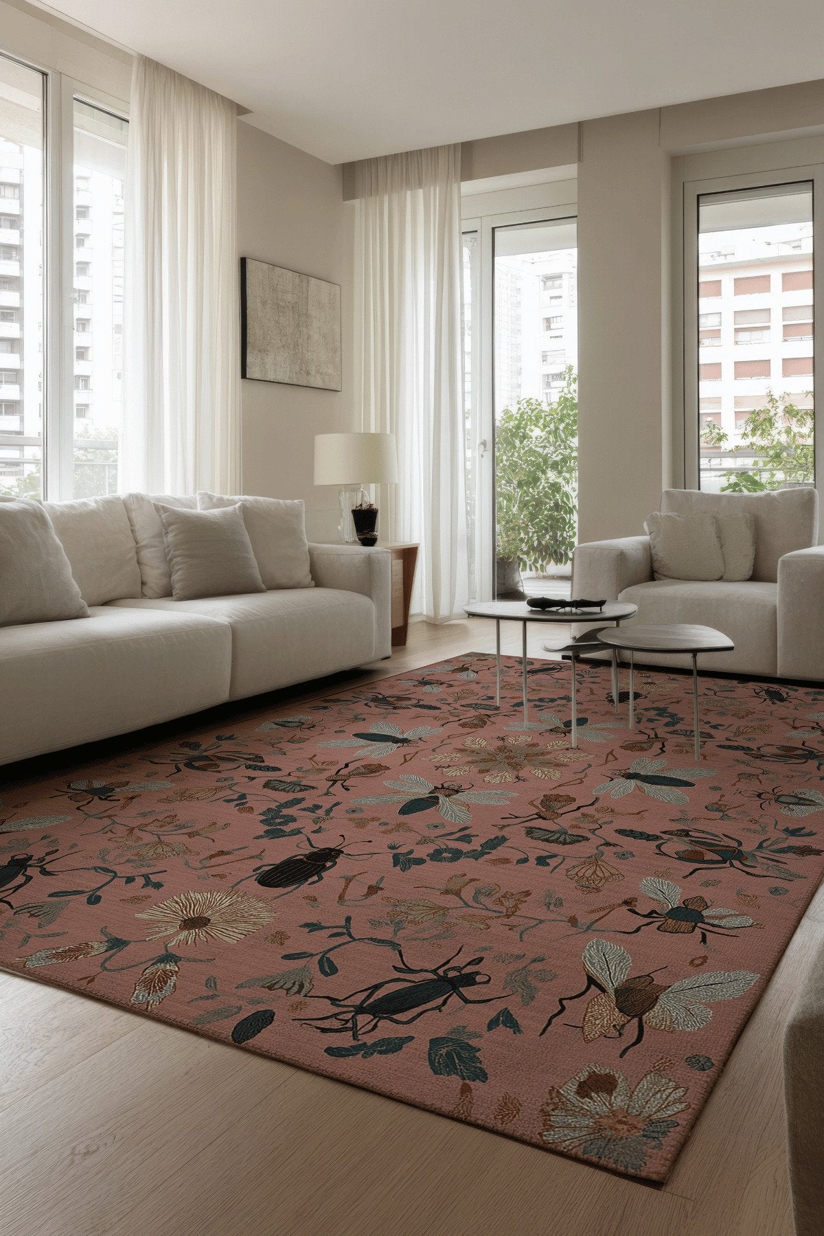 Fiora 228 Pembe Kelebek Desenli Yıkanabilir Çiçekli Halı Dokuma Taban Salon Oturma Odası Halısı