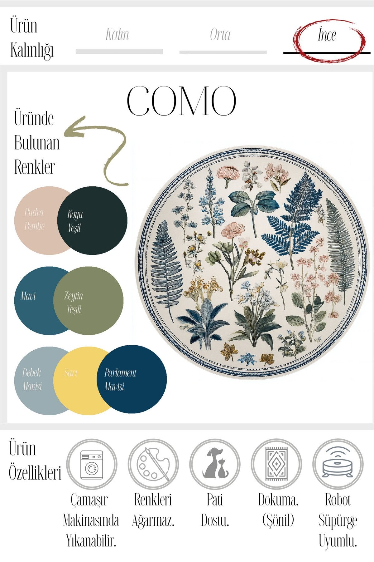 Como 04 Botanik Desenli Yuvarlak Renkli İnce Dokuma Taban Yıkanabilir Mutfak Antre Halısı