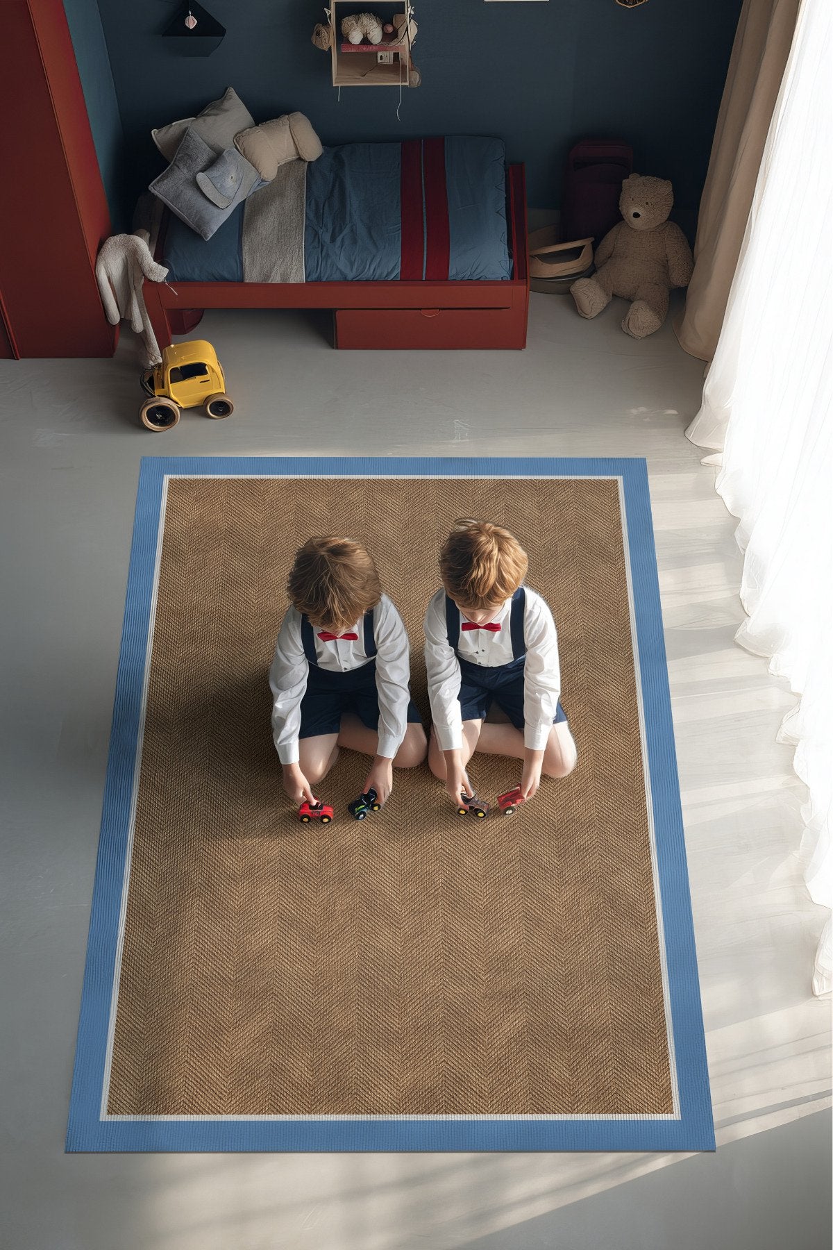 Dotto 203 Mavi Beyaz Bordür Kahverengi Dijital Baskı Hasır Görünüm Kaymaz Taban Yıkanabilir Halı