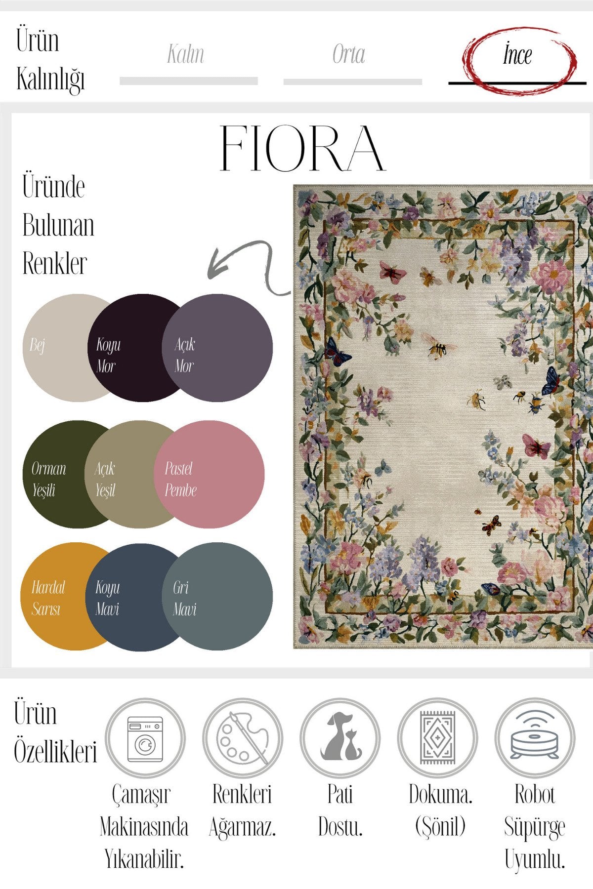 Fiora 230 Bej Renkli Çiçekli Halı Dokuma Taban Salon Mutfak Oturma Odası Halısı