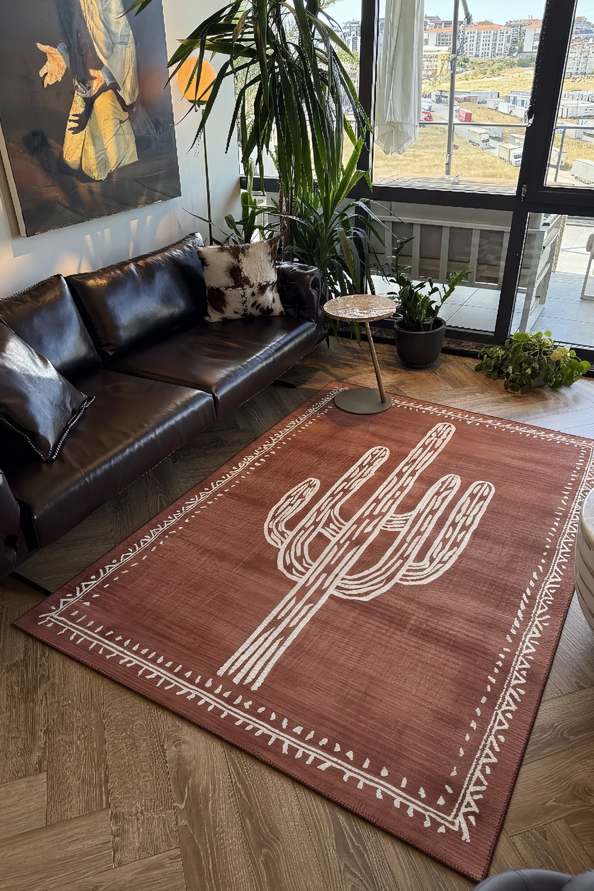 Pera 220 Bohem Kaktüs Desenli Kiremit Rengi Rustik Dekoratif Halı Yıkanabilir Salon Oturma Ev Halısı