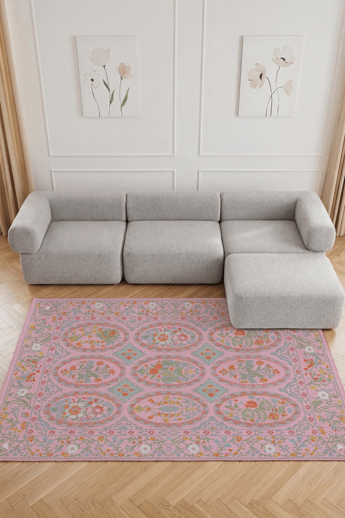 Floris 231 Pembe Yeşil Çiçekli Bordürlü Eskitme Desenli Dokuma Şönil Bohem Vintage Oda Halısı