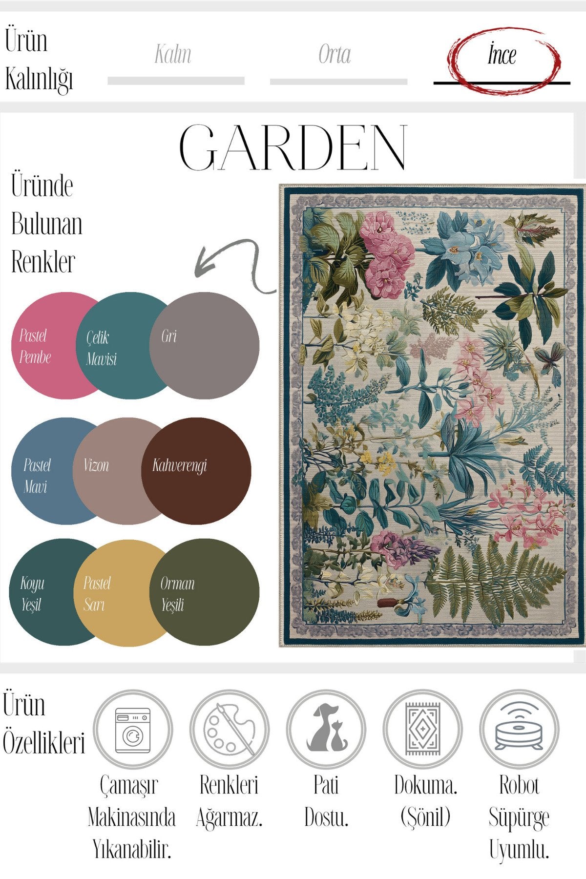 Garden 820 Çiçekli Bordürlü Bej Renkli Floral Halı Yıkanabilir Salon Mutfak Oturma Odası Halısı