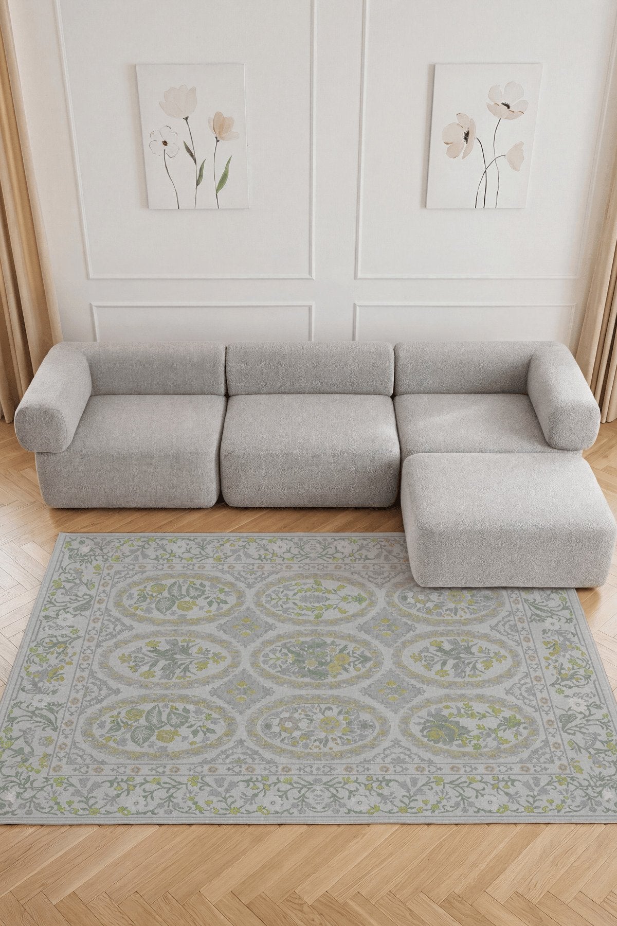 Floris 236 Gri Yeşil Çiçekli Bordürlü Eskitme Desenli Dokuma Şönil Bohem Vintage Oda Halısı