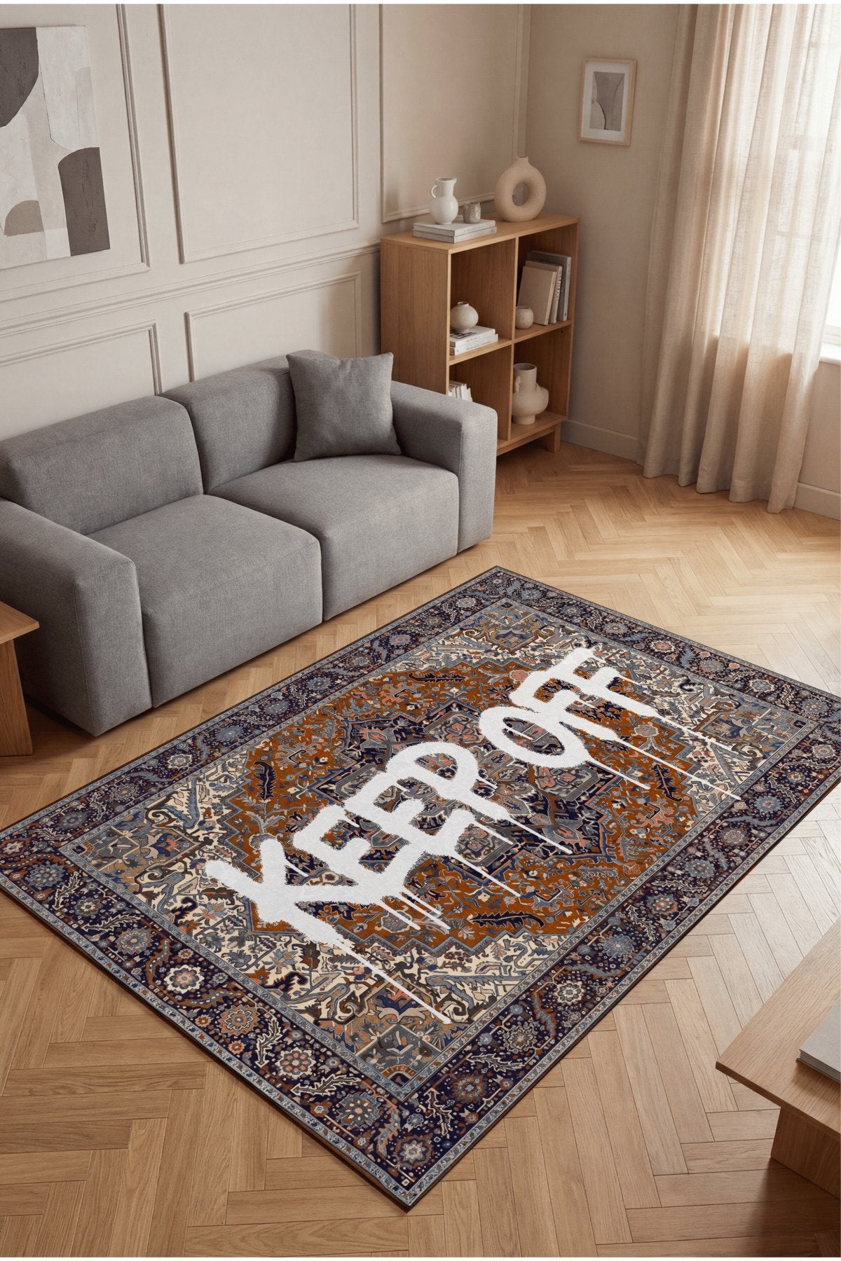 Deira 02 Turuncu Vintage Eskitme Keep Off Yazılı Etnik Motifli Renkli İnce Antre Ofis Ev Oda Halısı