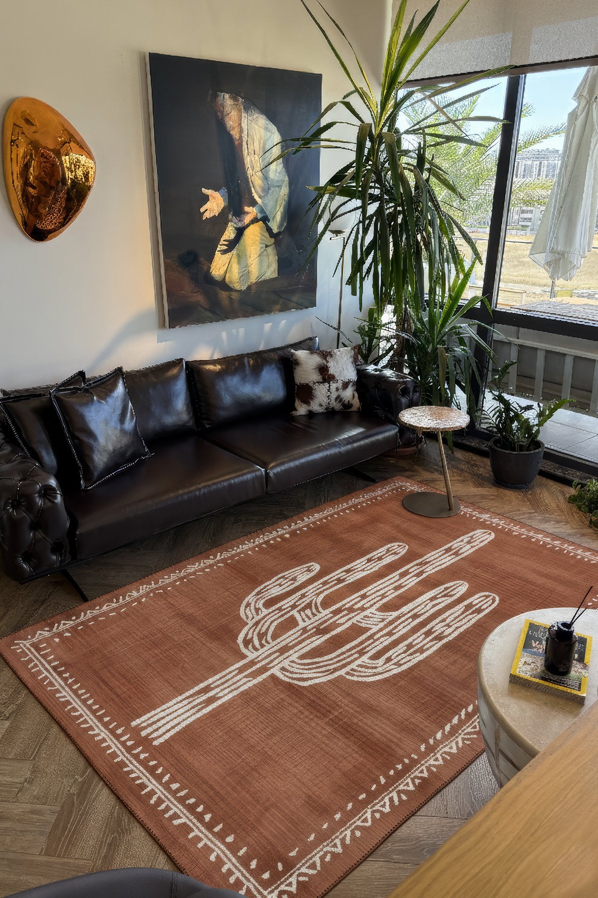 Pera 220 Bohem Kaktüs Desenli Kiremit Rengi Rustik Dekoratif Halı Yıkanabilir Salon Oturma Ev Halısı