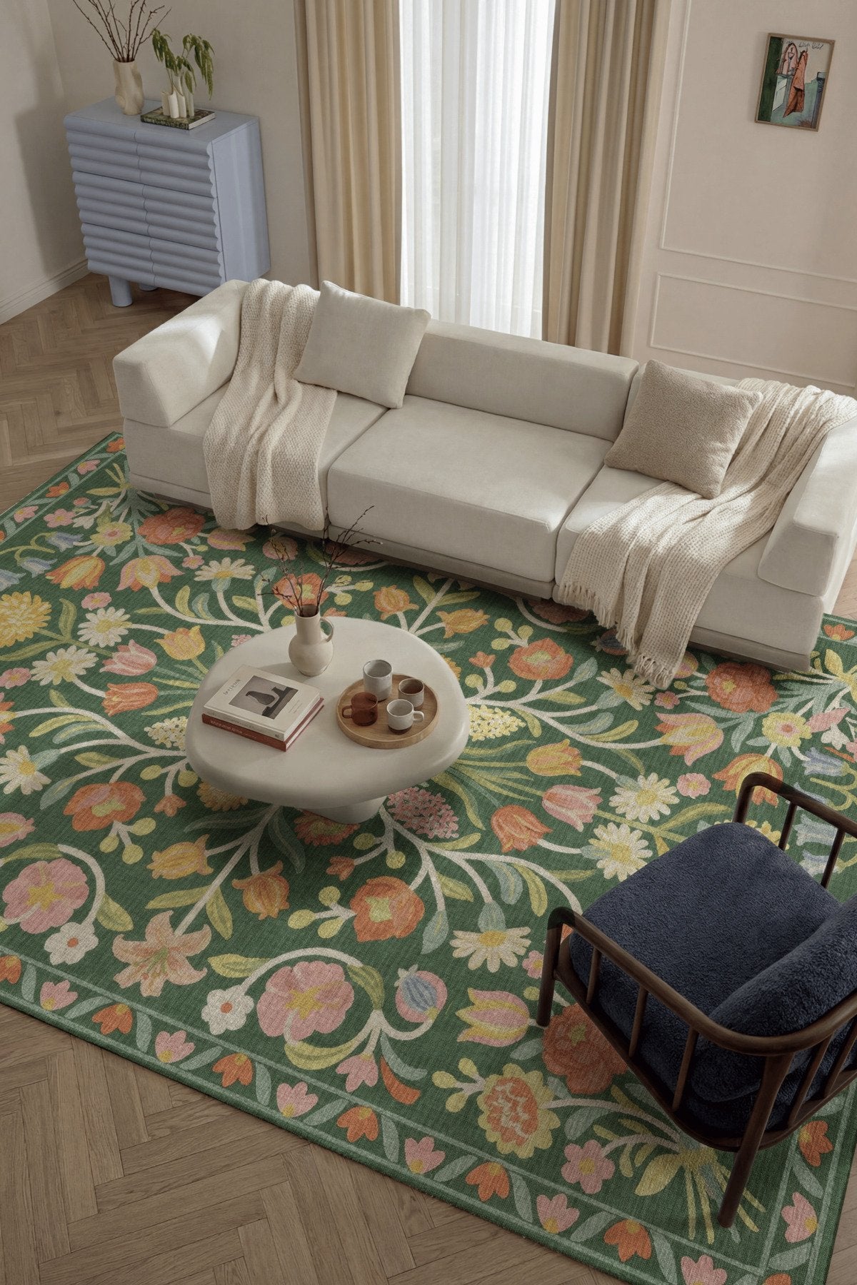 Selené 202 Yeşil Renkli Çiçekli Tasarım Şönil Dokuma Dijital Baskı İnce Antre Ev Oda Halısı