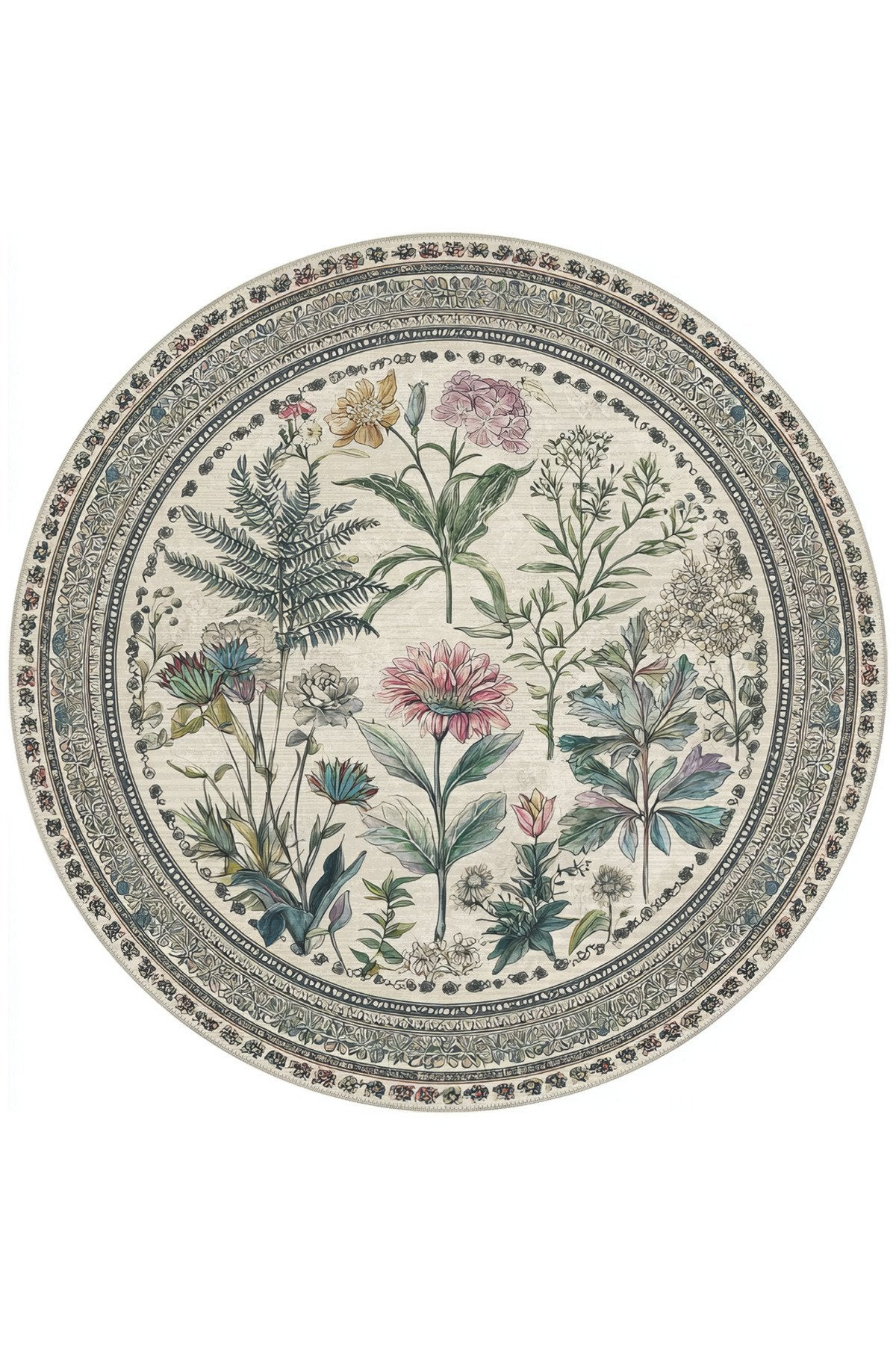 Como 06 Botanik Desenli Yuvarlak Renkli Bordürlü İnce Dokuma Taban Yıkanabilir Mutfak Antre Halısı