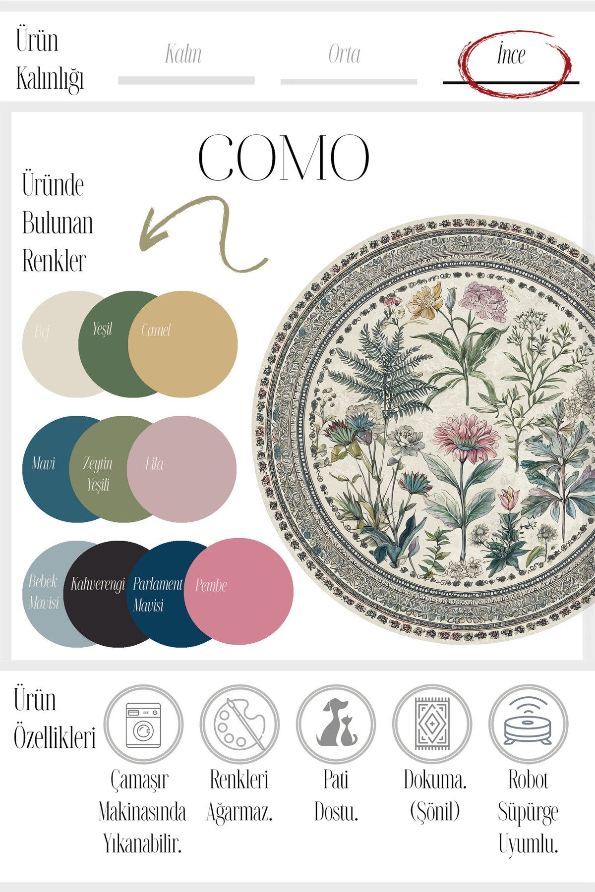 Como 06 Botanik Desenli Yuvarlak Renkli Bordürlü İnce Dokuma Taban Yıkanabilir Mutfak Antre Halısı