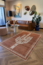 Pera 220 Bohem Kaktüs Desenli Kiremit Rengi Rustik Dekoratif Halı Yıkanabilir Salon Oturma Ev Halısı