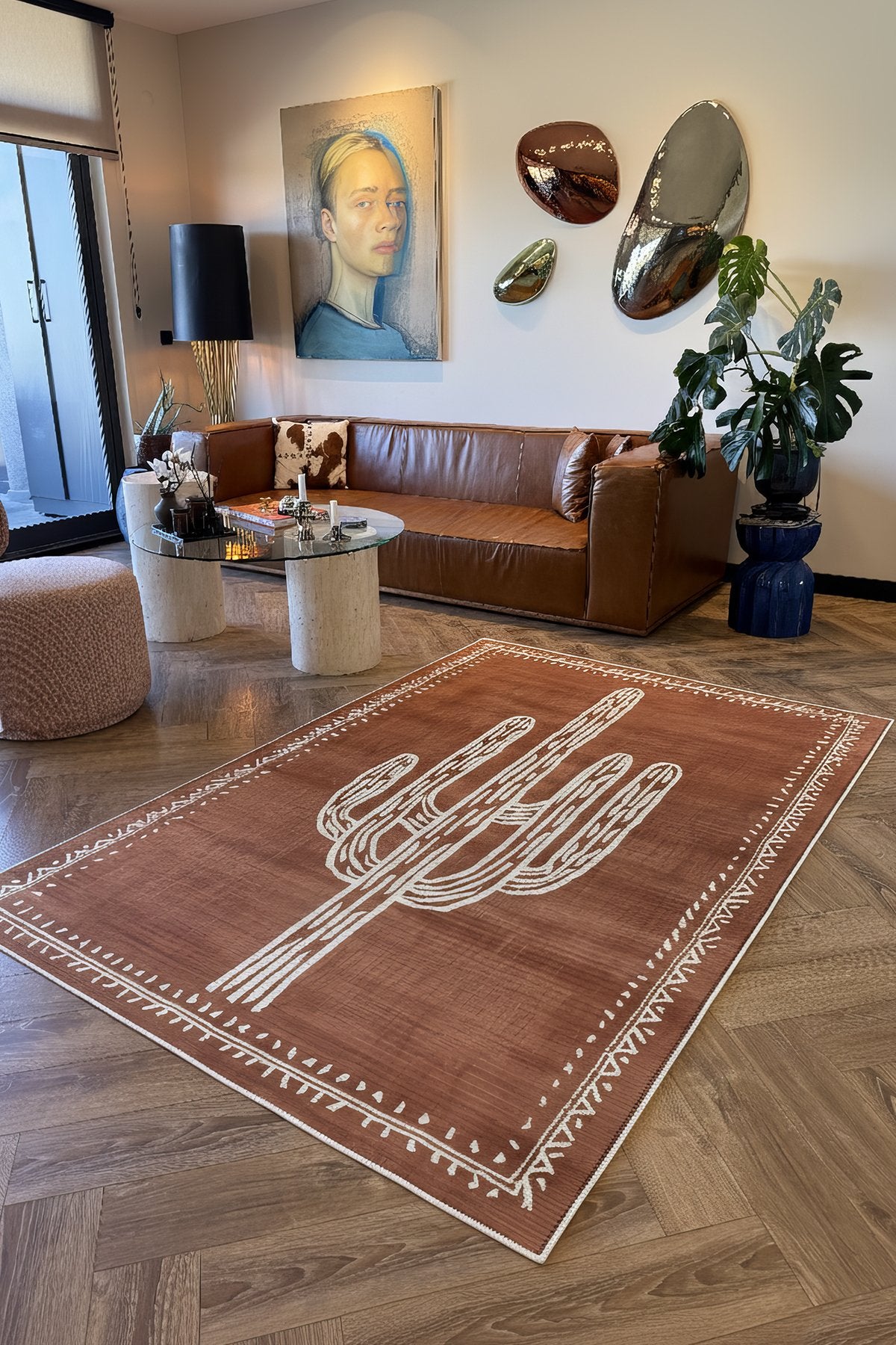 Pera 220 Bohem Kaktüs Desenli Kiremit Rengi Rustik Dekoratif Halı Yıkanabilir Salon Oturma Ev Halısı