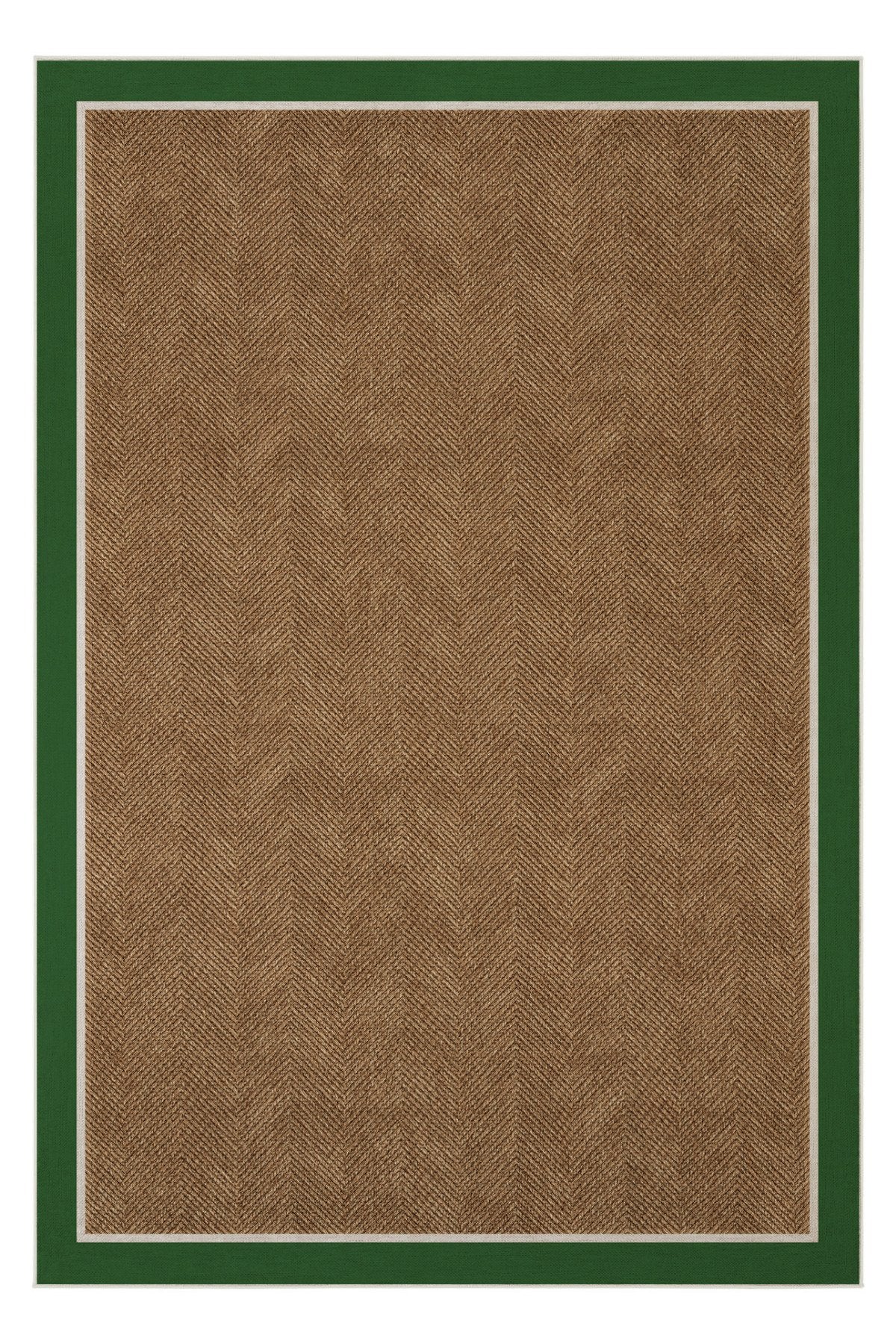 Dotto 201 Yeşil Krem Bordür Kahverengi Dijital Baskı Hasır Görünüm Kaydırmaz Taban Yıkanabilir Halı