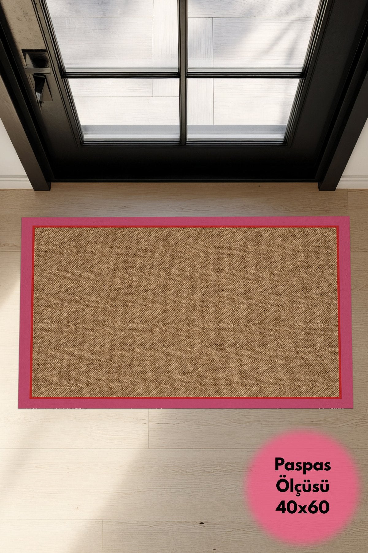 Dotto 204 Pembe Kırmızı Bordür Kahverengi Dijital Baskı Hasır Görünüm Kaymaz Taban Yıkanabilir Halı