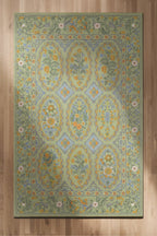 Floris 230 Yeşil Turuncu Çiçekli Bordürlü Eskitme Desenli Dokuma Şönil Bohem Vintage Oda Halısı