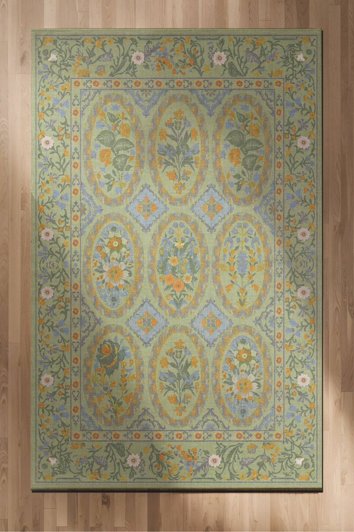 Floris 230 Yeşil Turuncu Çiçekli Bordürlü Eskitme Desenli Dokuma Şönil Bohem Vintage Oda Halısı