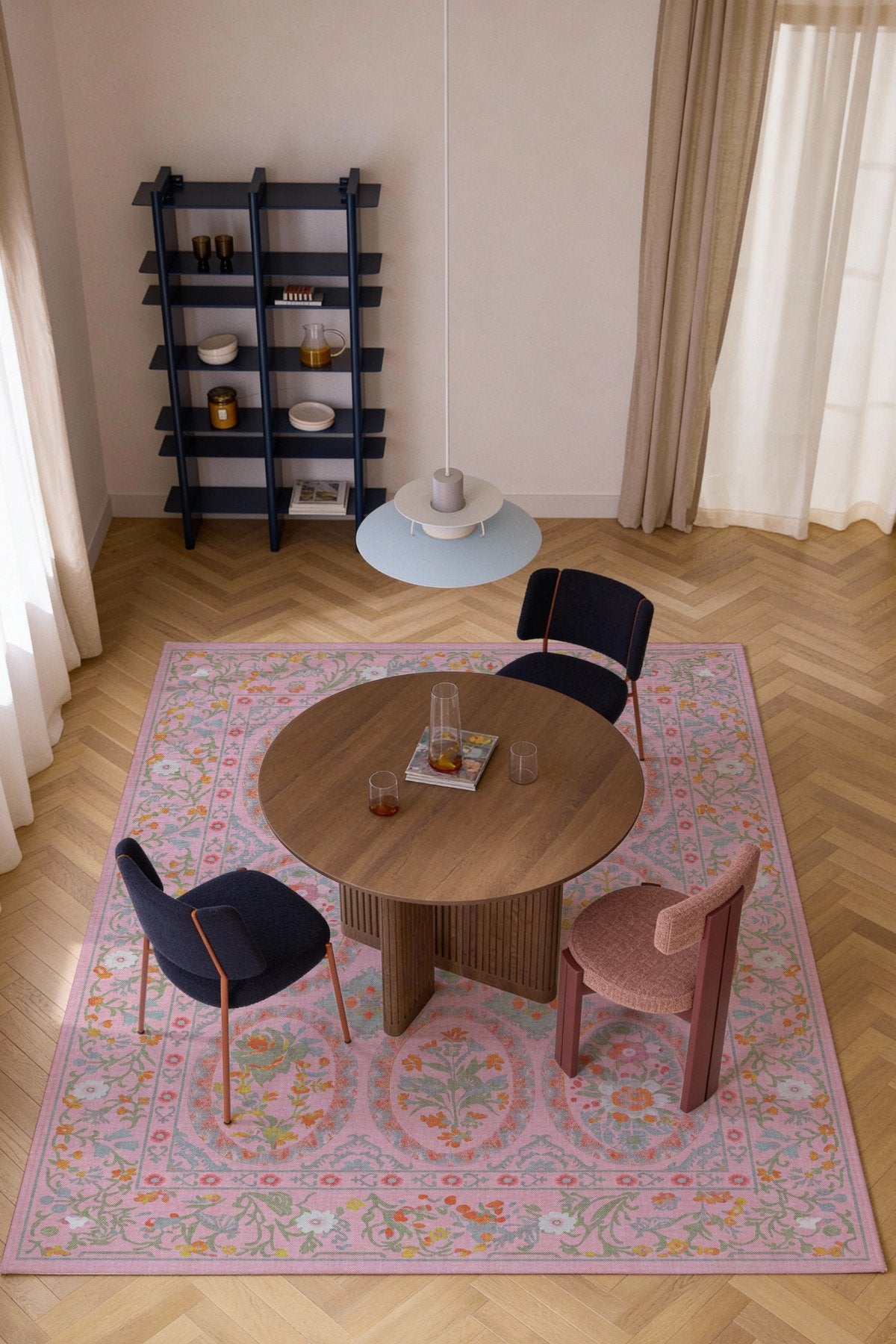 Floris 231 Pembe Yeşil Çiçekli Bordürlü Eskitme Desenli Dokuma Şönil Bohem Vintage Oda Halısı