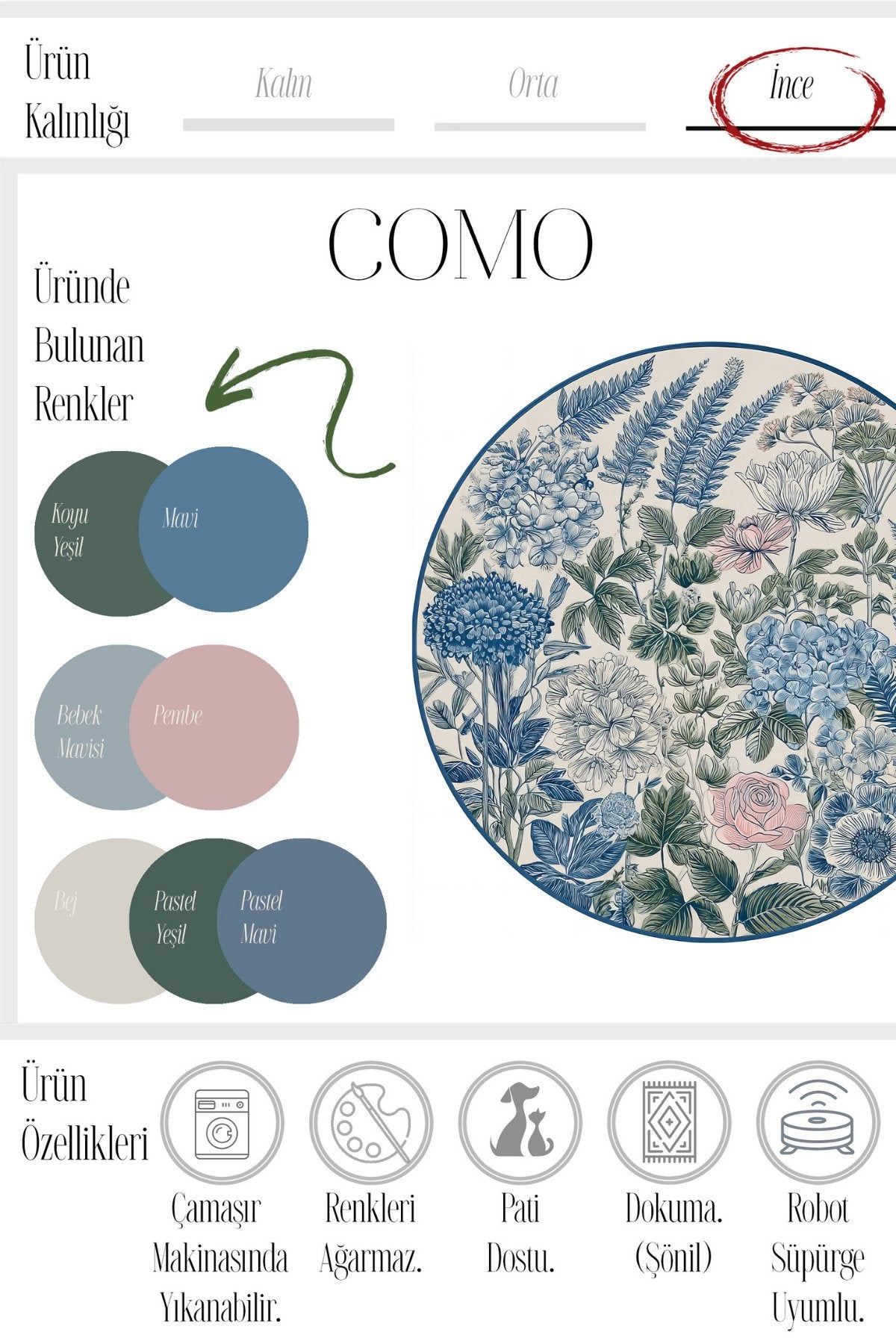 Como 02 Mavi Pembe Yuvarlak Bej Bahar Çiçekleri Desenli İnce Dokuma Taban Yıkanabilir Ev Alan Halısı