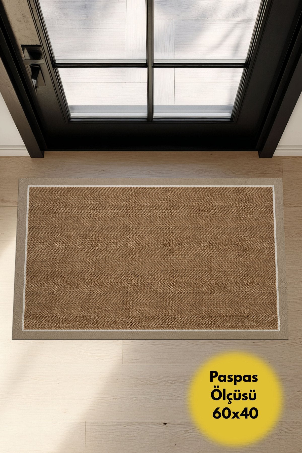 Dotto 202 Bej Beyaz Bordür Kahverengi Dijital Baskı Hasır Görünüm Kaydırmaz Taban Yıkanabilir Halı