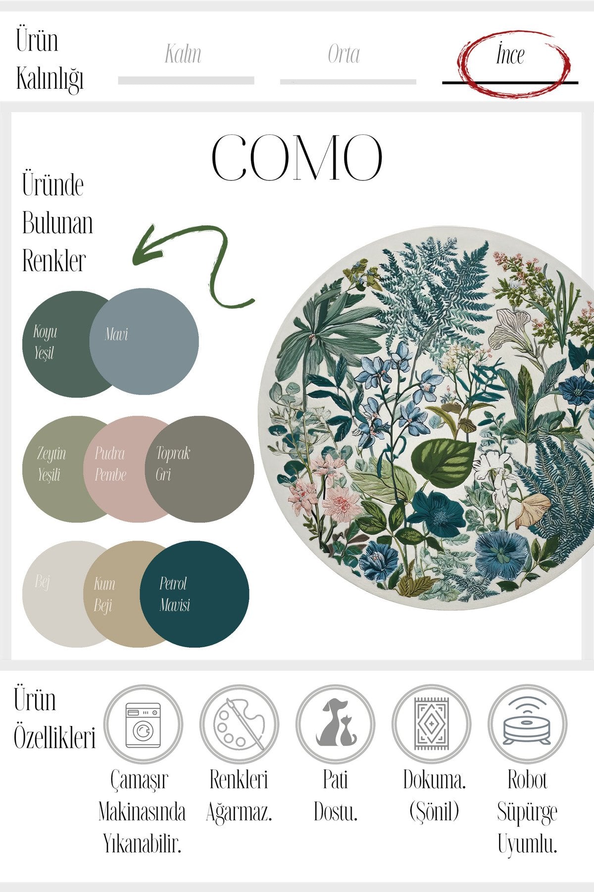 Como 03 Renkli Yuvarlak Bej Bahar Çiçekleri Desen İnce Dokuma Taban Yıkanabilir Mutfak Antre Halısı