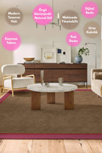 Dotto 204 Pembe Kırmızı Bordür Kahverengi Dijital Baskı Hasır Görünüm Kaymaz Taban Yıkanabilir Halı