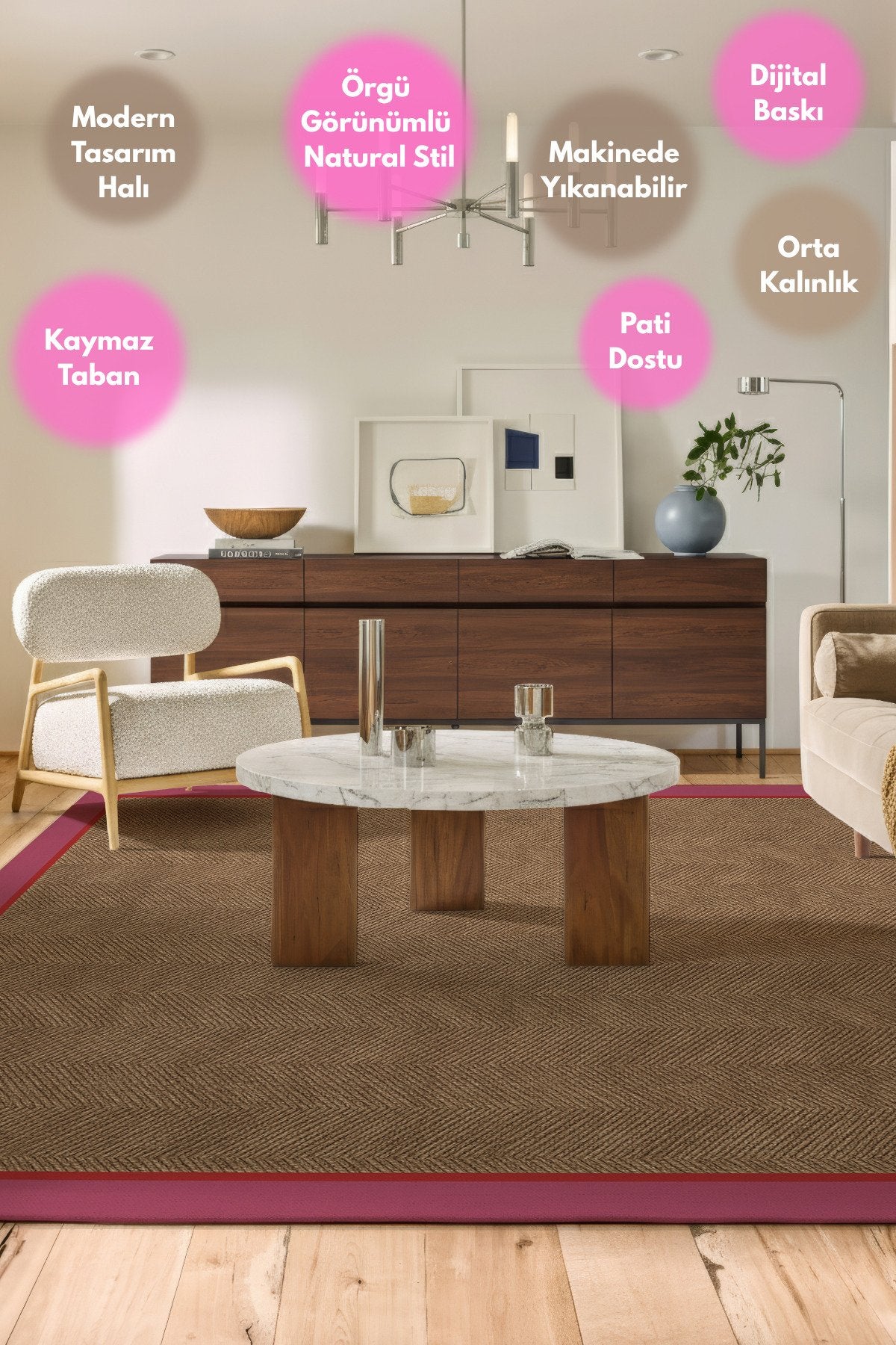 Dotto 204 Pembe Kırmızı Bordür Kahverengi Dijital Baskı Hasır Görünüm Kaymaz Taban Yıkanabilir Halı