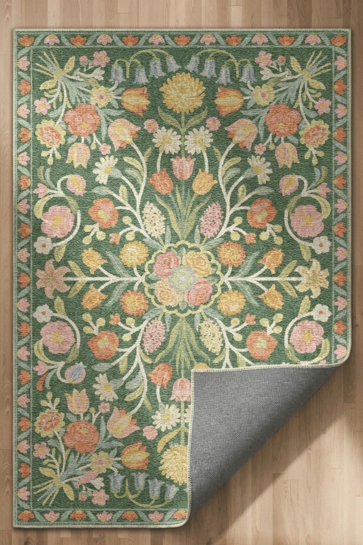 Selené 202 Yeşil Renkli Çiçekli Tasarım Şönil Dokuma Dijital Baskı İnce Antre Ev Oda Halısı