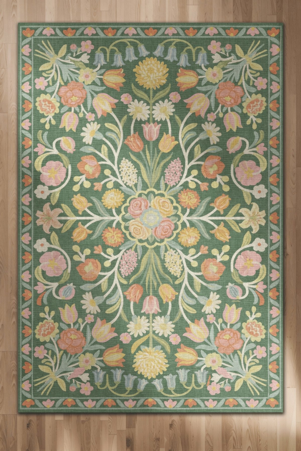 Selené 202 Yeşil Renkli Çiçekli Tasarım Şönil Dokuma Dijital Baskı İnce Antre Ev Oda Halısı