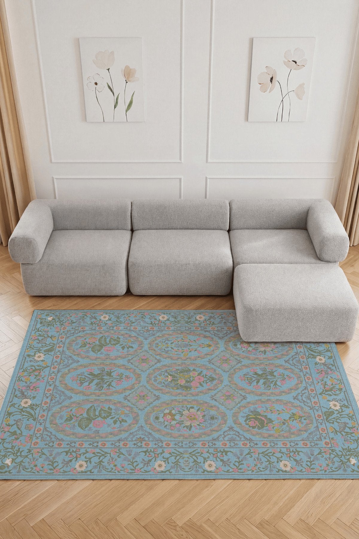 Floris 232 Mavi Pembe Çiçekli Bordürlü Eskitme Desenli Dokuma Şönil Bohem Vintage Oda Halısı