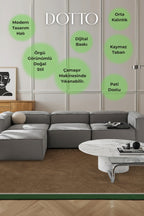 Dotto 201 Yeşil Krem Bordür Kahverengi Dijital Baskı Hasır Görünüm Kaydırmaz Taban Yıkanabilir Halı